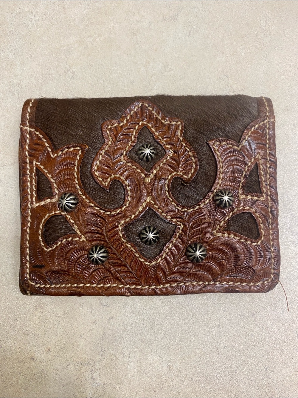 American West Brown Leather/Fur Bifold Wallet with ID Window